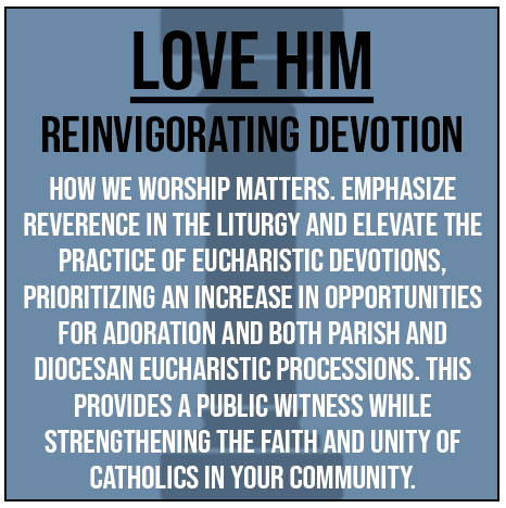 Love Him - Reinvigorating devotion. How we worship matters. Emphasize reverence in the liturgy and elevate the practice of Eucharistic devotions, prioritizing an aincrease in opportunities for adoration and both parish and diocesan Eucharistic processions. This provides a public witness while strengthening the faith and unity of Catholics in your community.
