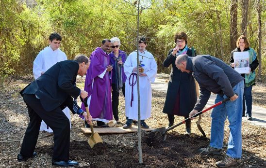 Creation Care Tree Dedication at Saint John Newman with (PRIEST), Susan Varlamoff, and others