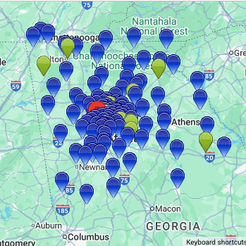 Map of north georgia with markers for all parishes.